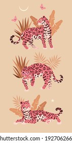 Vector illustration of cute jaguar and palm leaves