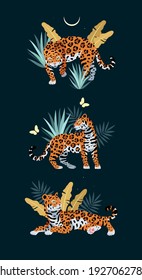 Vector illustration of cute jaguar and palm leaves