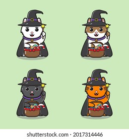 Vector illustration of cute japanese lucky cats with Witch halloween costume holding candy basket. Maneki neko. Lucky cat character vector design. Cute cat illustration vector.