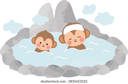Vector illustration of cute japanese macaques in outdoor hot spring. Winter snow monkey family relaxing in famous japanese onsen.