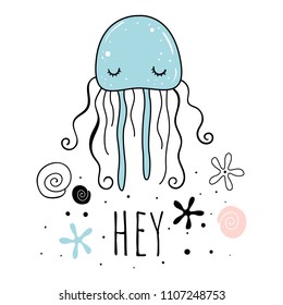 Vector illustration of "cute jellyfish". Baby print. Cartoon background.
