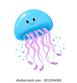 Vector illustration of cute jellyfish isolated in cartoon style on white background. Use for kids app, game, book, clothing print T-shirt print, baby shower.