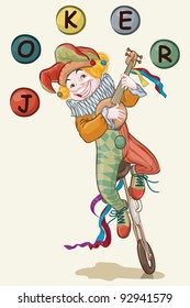 Vector illustration, cute joker playing at mandolin, card concept, white background.