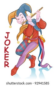 Vector illustration, cute joker playing on flute, card concept, white background.