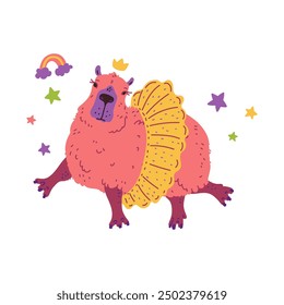 Vector illustration of a cute joyful capybara in a tutu on a background of stars, rainbows with clouds. An icon with a cheerful rodent on a white background