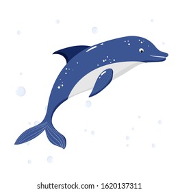 Vector illustration of a cute jumping dolphin. Isolated on white background