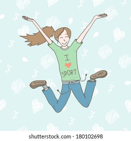 Vector illustration with cute jumping girl