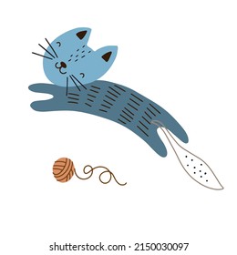 Vector illustration of cute jumping kitten in doodle style isolated on white background.