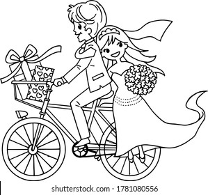 
vector illustration of a cute just married couple bicycle