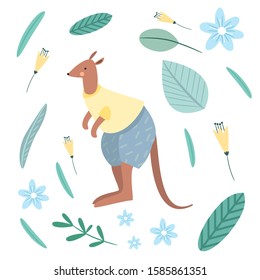 Vector illustration with cute kangaroo, bright flowers and leaves.