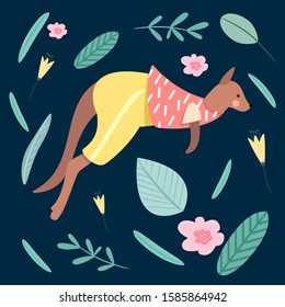 Vector illustration with cute kangaroo and flowers. 