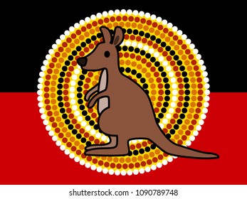 Vector illustration of a cute kangaroo standing with Indigenous Australian style dots at background. Australian Aboriginal Flag Abstract.