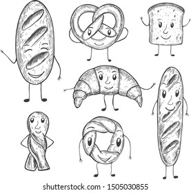 Vector illustration of cute kawai bakery products set. Happy cartoon characters of fresh bread and baked buns. Slice, baguette, croissant, pretzel. Vintage hand drawn style.