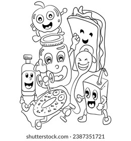 vector illustration of Cute kawai of group food and drink doing excercising drawing coloring page