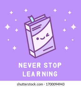 Vector illustration cute kawaii book or textbook with face and bookmark in doodle cartoon linear style with text - Never stop learning, on pastel purple background. For card, poster, sticker, print