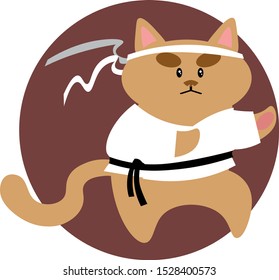 vector illustration of a cute kawaii cartoon karate cat in circle, isolated on transparent background. For logo, t-shirt print.