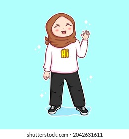 Vector illustration of a cute Kawaii female Muslim waving hand Trendy Hijab's girl vector illustration. Draw in manga chibi illustration. 