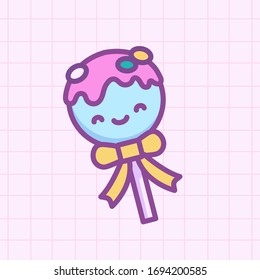 Vector Illustration Cute Kawaii Food Sweet Cake Pop With Smile Face And Bow In Doodle Cartoon 80s Style For Icon, Logo, Symbol, Print, Patch Or Sticker