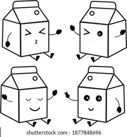 vector illustration of cute and kawaii four milk box packaging expression. colorless image for coloring books