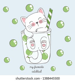 Vector illustration of cute kawaii hand drawn cat in anime style in a glass of lime cocktail with green bubbles, lettering my favorite catcktail, drawing for children's menu, cocktail party