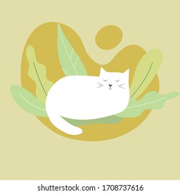 Vector illustration of cute kawaii hand drawn doodle white cat lying sleeping in garden on leaves plants. Warm autumn beige brown green color palette