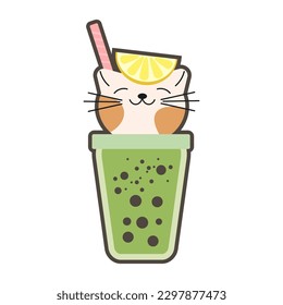 Vector illustration of cute kawaii hand drawn cat in anime style in a glass of cocktail with bubbles, favorite catcktail, drawing for children s menu, cocktail party EPS