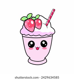 Vector illustration of cute kawaii hand drawn of juice strawberry cup isolated on white