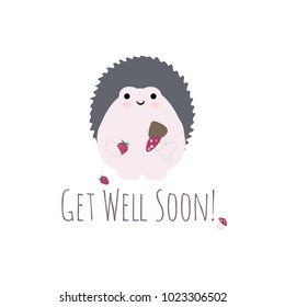 Vector illustration with cute kawaii hedgehog with strawberry and mushrooms, get well soon card.