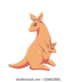 Vector illustration of a cute kawaii kangaroo family - mother and cub - in cartoon korean or japanese mascot style isolated on white