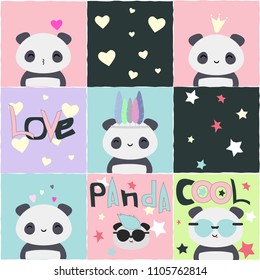 Vector illustration with cute kawaii panda bears in cartoon style.