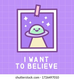 Vector illustration cute kawaii paranormal picture with ufo spaceship in doodle cartoon linear 80s-90s style, with text - i want to believe, on pastel checkered background. For card, poster, sticker