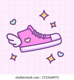 Vector illustration cute kawaii pink sneakers shoes for woman with wings in doodle cartoon 80s-90s style, on pastel checkered background. For card, poster, sticker, icon or logo