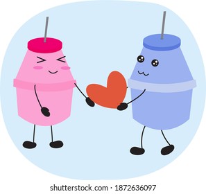vector illustration of cute and kawaii plastic bottle character for fermented milk. pink and blue. fall in love. give love, express love to those in love