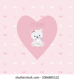 Vector illustration with cute kawaii polar bear and penguin on pink background, perfect for baby shower, greeting cards, invitations, etc.