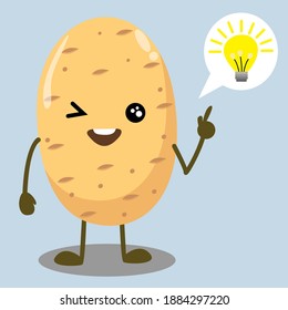 vector illustration of cute and kawaii potato cartoon characters. happy and smile after get an idea with shining lamp. inspiration to a good boss or employee. for icons, logos, symbols, mascot