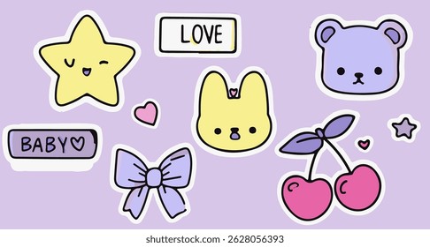 Vector illustration of cute kawaii stickers: star, bear, bunny, bow, cherries, hearts, the words “LOVE” and “BABY”, all in pastel colors with white outlines on a lavender background.
