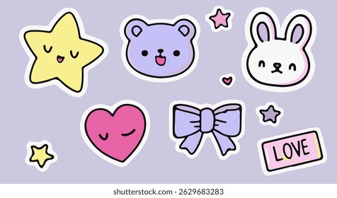 Vector illustration of cute kawaii stickers: star, bear, bunny, bow, hearts, all in pastel colors with white outlines on a lavender background.