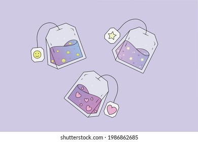 Vector illustration cute kawaii tea bag smiley stars heart doodle cartoon 80s-90s style - modern purple pink. For card, poster, sticker childish girlish vector food tea 