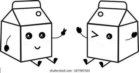 vector illustration of cute and kawaii two milk box packaging expression. colorless image for coloring books