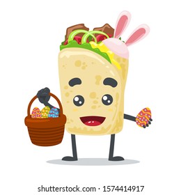 vector illustration of cute kebab mascot (character) celebrating Easter, with a basket of eggs