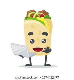 vector illustration of cute kebab mascot (character) presentation use computer