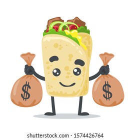 vector illustration of cute kebab mascot (character) holding two sacks of money