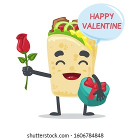 vector illustration of cute kebab mascot or character give a red flower and love gift
