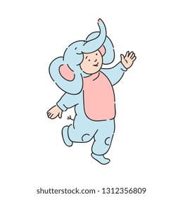 Vector Illustration Of Cute Kid In Carnival Costume Of Elephant Isolated On White Background. Hand Drawn Smiling Cheerful Child In Fancy Dress Of Animal For Holiday Concept.