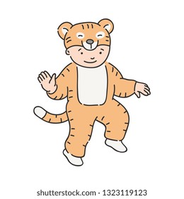 Vector Illustration Of Cute Kid In Carnival Costume Of Tiger Isolated On White Background - Hand Drawn Smiling Cheerful Child In Fancy Dress Of Orange Striped Animal For Holiday Concept.