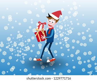 Vector illustration of a cute kid happy with Christmas presents, smile kid cartoon on Christmas day with snow background, a child got presents from his parent.