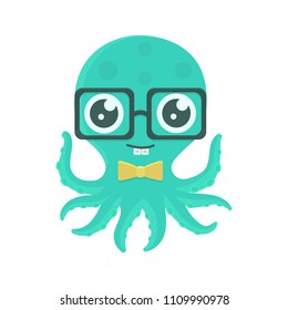 Vector illustration of cute kid octopus with glasses and bow tie. Cartoon design character with braces. EPS 10