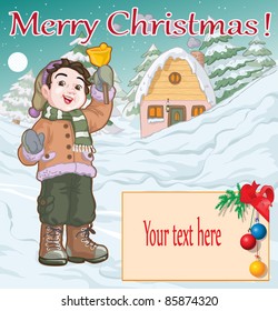 Vector illustration, cute kid singing carols, card concept.