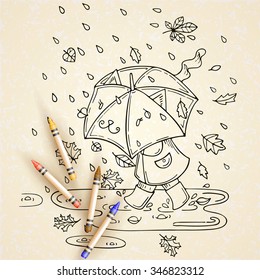 Vector illustration of cute kid with umbrella in rainy season with leaf fall.