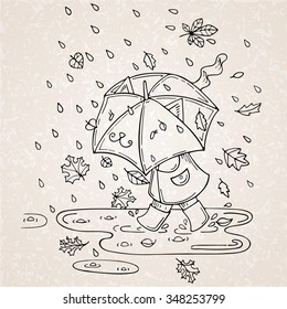 Vector illustration of cute kid with umbrella in rainy season with leaf fall.